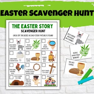 May include: A printable Easter scavenger hunt game for kids. The game features a checklist of events from the Easter story, with corresponding images. The game includes images of a donkey, palm branches, a crown of thorns, a cross, and a tomb.