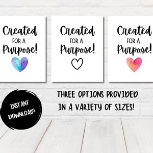 Created for a Purpose, Kids Printable Bible Wall Art, Affirmation Art, Kids Room, Sunday School Decor, Kids Scripture Art, Instant Download