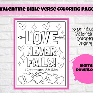 Kids Printable Bible Verse Valentine/Love Themed Coloring Pages, Sunday School Activity, Kids Church, Home, Christian Classroom, Set of 10