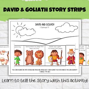 David en Goliath-verhaalstrips, zondagsschoolactiviteit, kinderkerkambachten, kleuren bijbelvers, David-bijbelverhaal, afdrukbaar