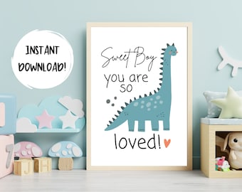 Sweet Boy You are So Loved Dinosaur Kids Printable Wall Art, Boys Room, Affirmation Art, Nursery/Playroom Decor, Christian Poster, Baby Gift