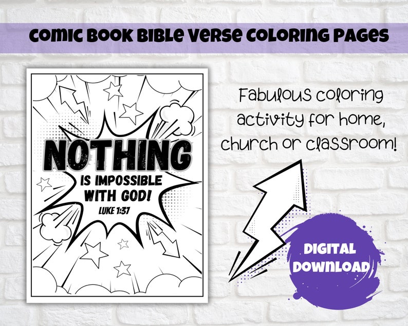 Superhero Comic Book Bible Verse Coloring Set of 6, Kids Scripture, Sunday School, Home, or Classroom Activity, Joshua 1:9 image 4
