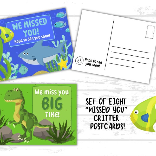 Critter Printable "MISSED YOU" Cards, Set of 8 Full Color Postcards, Sunday School, Kids Church, Classroom, Kids Cards, Bible Verse Option