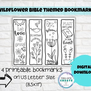 Segnalibri a tema Bibbia di fiori di campo, Segnalibri da colorare per bambini, Segnalibri di fiori di campo stampabili, Basato sulla fede, Scuola domenicale, Affermazione