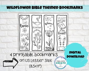 Wildflower Bible Themed Bookmarks, Kids Colouring Bookmarks, Printable Wildflower Bookmarks, Faith Based, Sunday School, Affirmation