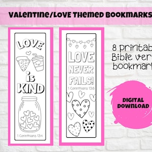 Kids Printable Bible Verse Valentine/Love Themed Bookmarks to Colour, Sunday School Craft, Kids Church, Home, Christian Classroom, Set of 8