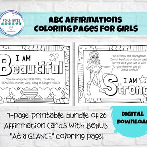 ABC Affirmations Bibel Vers Identität in Christus Malseiten für Mädchen - 26 Wahrheiten darüber, wer Gott sagt, dass du bist, Sonntagsschule, Kinderkirche