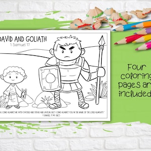 May include: Black and white colouring page featuring David and Goliath from the Bible story. The page includes the text "David and Goliath" and "1 Samuel 17".