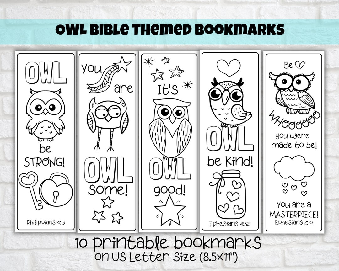 Owl Bible Themed Bookmarks, Set of 10 Kids Printable Colouring ...