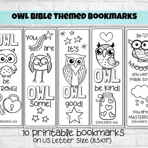 Peut inclure: Dix marque-pages imprimables avec des illustrations en noir et blanc de hiboux avec des messages inspirants et des versets bibliques. Les marque-pages sont conçus pour être coloriés et présentent des phrases comme "sois fort", "sois gentil" et "tu es un chef-d'œuvre".