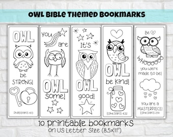 Marcadores temáticos de la Biblia del búho, conjunto de 10 marcadores para colorear imprimibles para niños, basados en la fe, escuela dominical, afirmación, iglesia para niños