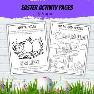 May include: Black and white printable Easter activity pages for kids. The first page features a nest with two eggs and the text "Finish the Picture". The second page features a cross with a crown of thorns and the text "Find the Hidden Pictures".