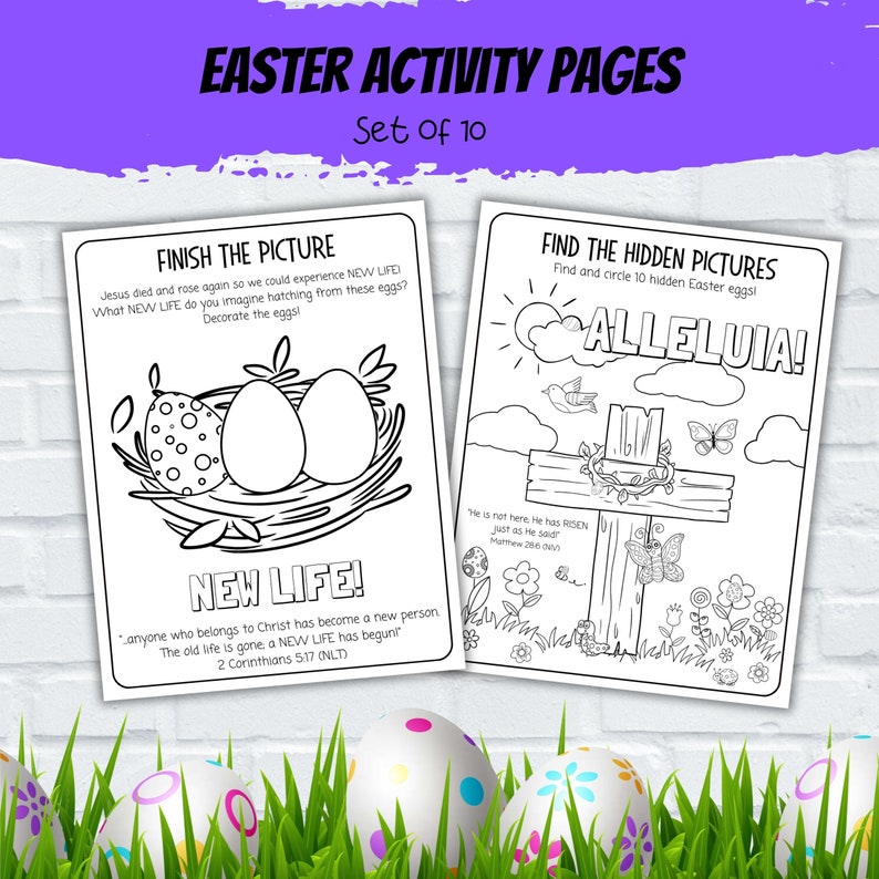 May include: Black and white printable Easter activity pages for kids. The first page features a nest with two eggs and the text "Finish the Picture". The second page features a cross with a crown of thorns and the text "Find the Hidden Pictures".