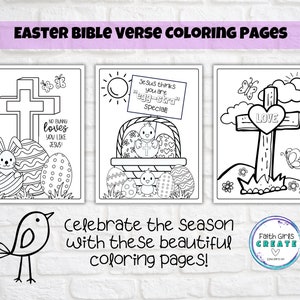 May include: Three black and white coloring pages with Easter themes. The first page features a cross with a bunny and eggs. The second page features a basket of eggs with a chick and a cross. The third page features a cross with a heart and butterflies.