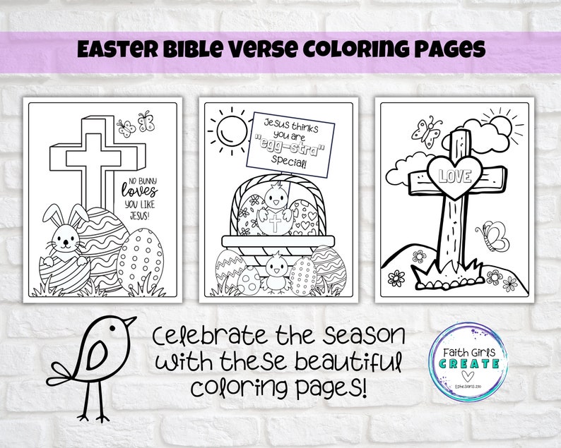 May include: Three black and white coloring pages with Easter themes. The first page features a cross with a bunny and eggs. The second page features a basket of eggs with a chick and a cross. The third page features a cross with a heart and butterflies.
