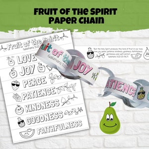 Kinder druckbare Frucht des Geistes Papierketten Handwerk, Sonntagsschulaktivität, Bibel Vers Galater 5, gute Obst Familienaktivität