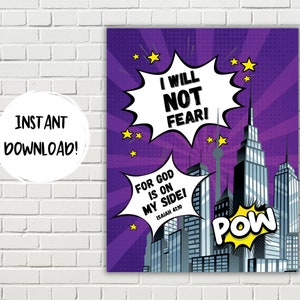 Superhero I Will Not Fear Bible Verse Printable Wall Art, Kids Comic Book, Isaiah 41:10,  Kids Church, Sunday School Decor, Kids Room