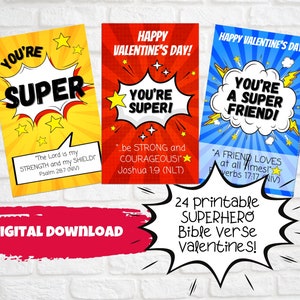 Kids Printable SUPERHERO Bible Verse Valentine Cards, Sunday School Craft, Kids Church, Home, Christian Classroom, Set of 24