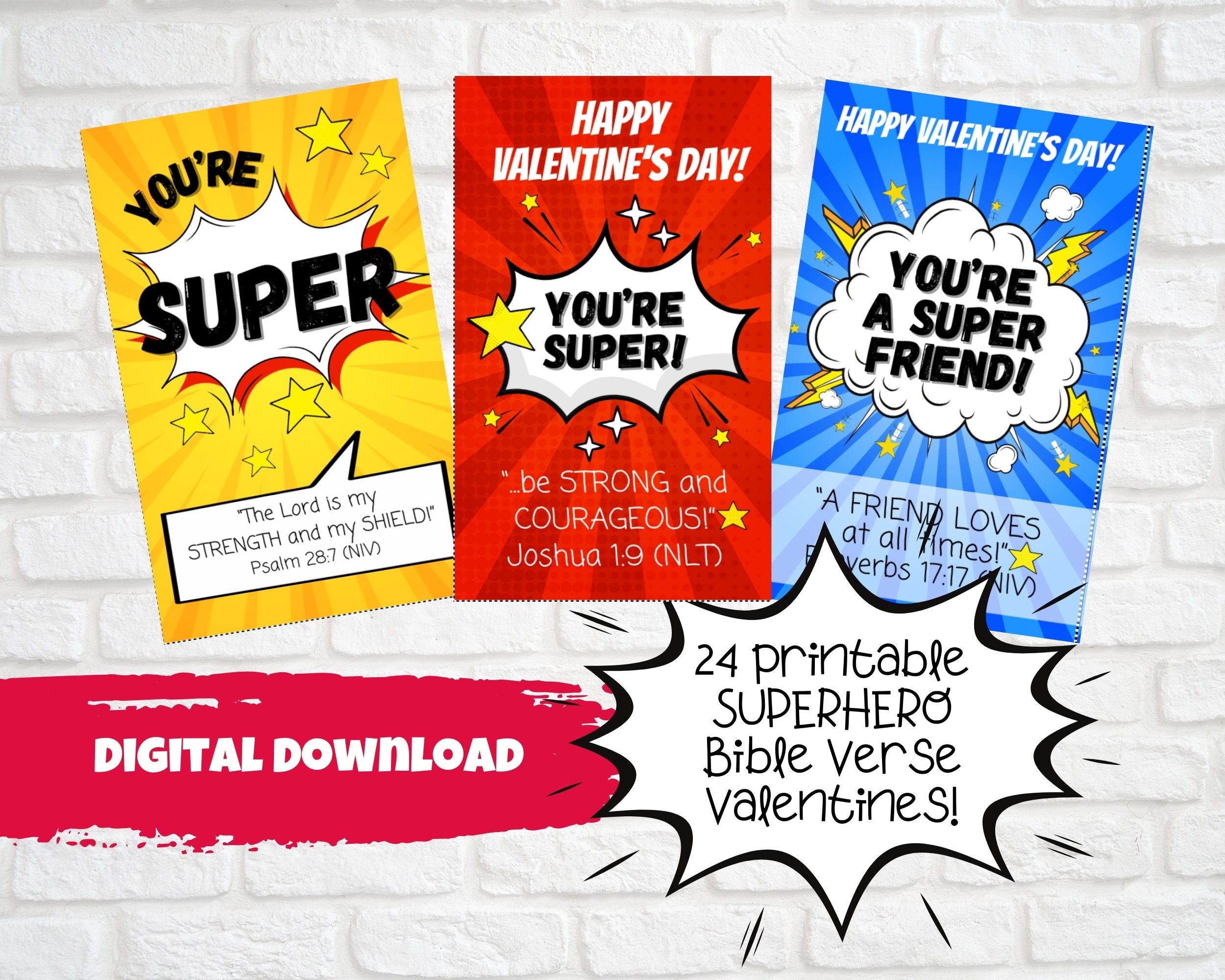 Kids Printable SUPERHERO Bible Verse Valentine Cards, Sunday School…