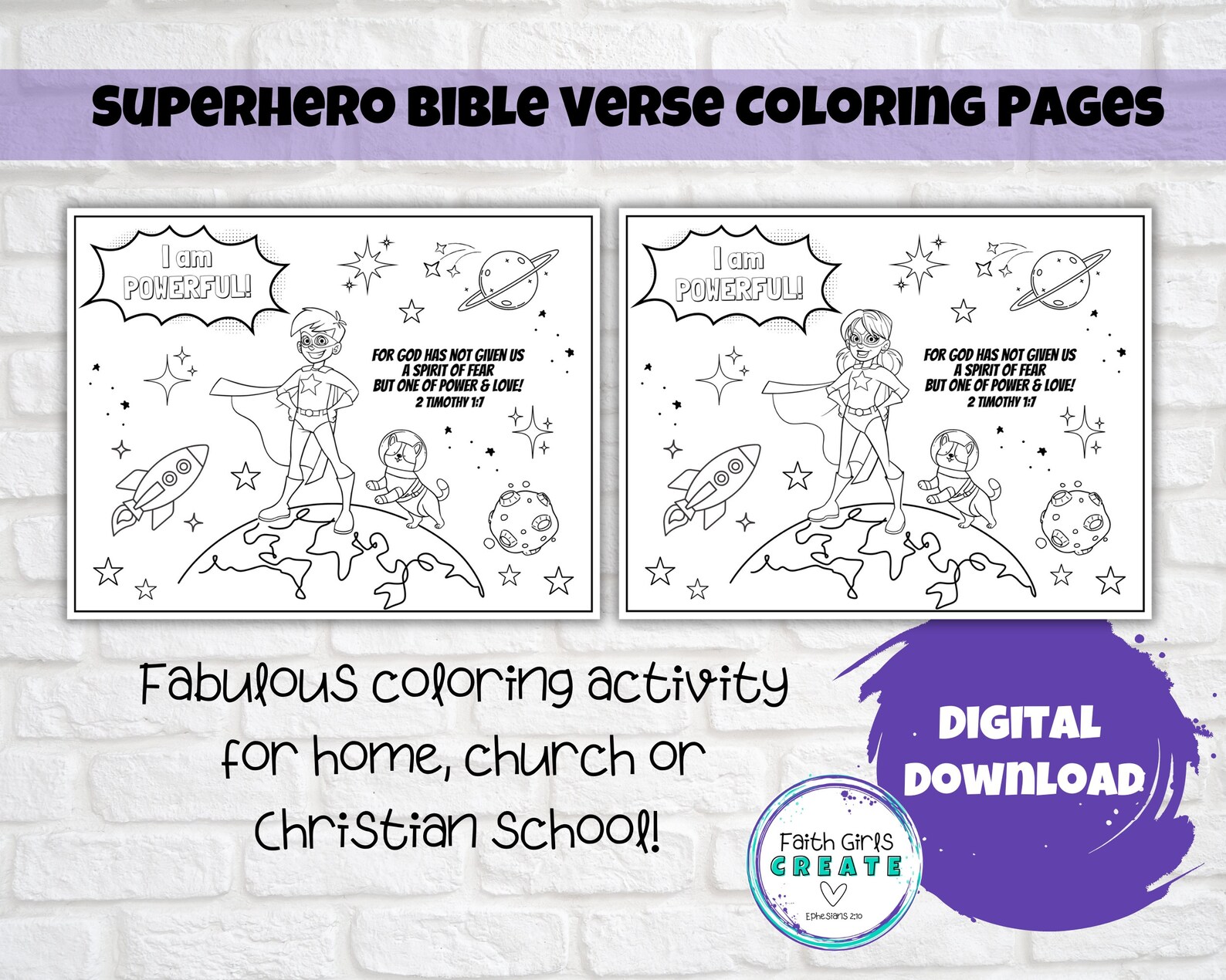 Superhero Bible Verse Coloring Pages Set of 8, Kids Scripture Coloring ...