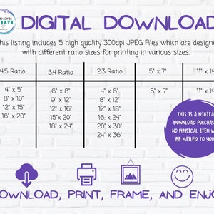 Op de afbeelding: Een digitale downloadlijst voor 5 hoogwaardige JPEG-bestanden van afdrukbare kunstwerken in verschillende formaten. De afbeelding toont een tabel met verschillende beeldverhoudingen en bijbehorende afdrukformaten in inches. De tekst "THIS IS A DIGITAL DOWNLOAD PURCHASE. NO PHYSICAL ITEM WILL BE MAILED TO YOU." staat in een paarse cirkel.