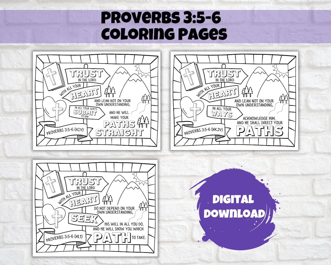 Proverbs 3:5-6 Trust in the Lord Set of 5 Printable Colouring Pages for ...