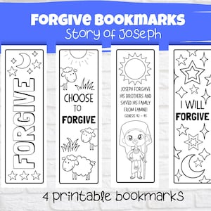 Puede incluir: Cuatro marcapáginas imprimibles en blanco y negro con un tema cristiano. Los marcapáginas presentan ilustraciones de estrellas, una luna creciente, ovejas y un personaje de dibujos animados. El texto en los marcapáginas incluye "Forgive", "Choose to Forgive", "Joseph Forgave His Brothers and Saved His Family From Famine! Genesis 42-45", y "I Will Forgive".