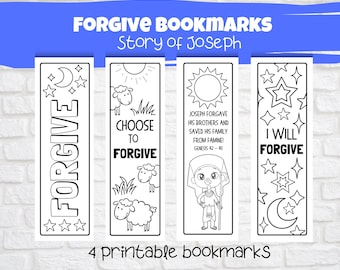 Marcadores para colorear imprimibles "Perdonar", Historia de José, Escuela Dominical, Iglesia Infantil, Actividad Bíblica, Manualidad Bíblica, Juego de cuatro