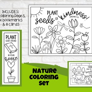 Ensemble imprimable de versets bibliques sur la nature de 8 pages à colorier, ensemble de 8 cartes, 4 signets, identité en Christ, école du dimanche, VBS