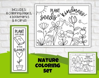 Nature Bible Verse Conjunto imprimible de 8 páginas para colorear, Conjunto de 8 tarjetas, 4 marcadores, Identidad en Cristo, Escuela dominical, EBV