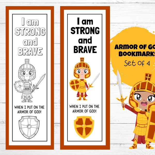 Armor of God Printable Coloring Bookmarks, Ephesians 6, Sunday School, Kids Church, Scripture Activity, Bible Craft, Full Color Option