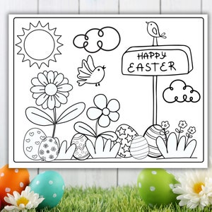 May include: A black and white coloring page featuring a spring scene with flowers, birds, clouds, a sun, and Easter eggs. The sign reads "Happy Easter".