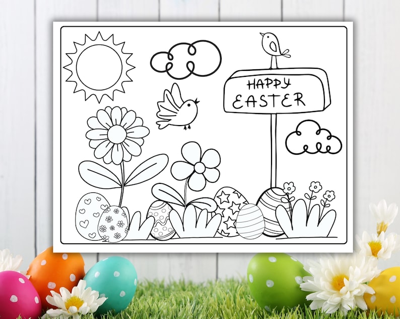 May include: A black and white coloring page featuring a spring scene with flowers, birds, clouds, a sun, and Easter eggs. The sign reads "Happy Easter".