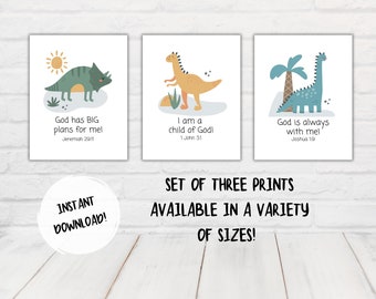 Conjunto de tres dinosaurios para niños, arte de pared imprimible con versículos bíblicos, habitación infantil, niño de Dios, guardería, escuela dominical, identidad en Cristo, regalo para bebé