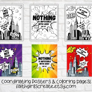 Op de afbeelding: Zes printbare kleurplaten met superhelden-illustraties, inspirerende citaten en bijbelteksten. De afbeeldingen bevatten een stadsbeeld met wolkenkrabbers, sterren en spraakballonnen. De citaten zijn "Ik zal niet vrezen", "Niets is onmogelijk met God" en "Wees sterk en moedig".