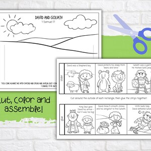 May include: A black and white printable colouring page for children featuring the story of David and Goliath from the Bible. The page includes a title, scripture reference, and several panels depicting the story. The panels are designed to be cut out and assembled into a strip.