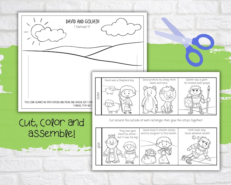 May include: A black and white printable colouring page for children featuring the story of David and Goliath from the Bible. The page includes a title, scripture reference, and several panels depicting the story. The panels are designed to be cut out and assembled into a strip.