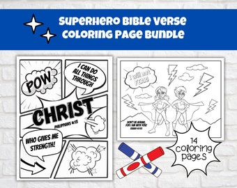 Superhero Comic Book Bible Verse Coloring, Set of 14, Sunday School, Home, or Classroom Activity, Joshua 1:9, Jesus is my Superhero!