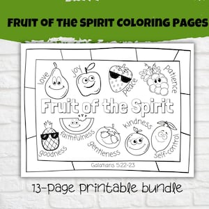 Fruit of the Spirit Printable Coloring Pages, Sunday School, Kids Church, Christian Classroom Bible Verse Activity, Galatians 5, Set of 13