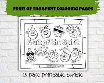 Fruit of the Spirit Printable Coloring Pages, Sunday School, Kids Church, Christian Classroom Bible Verse Activity, Galatians 5, Set of 13