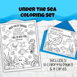 Under the Sea Kids Bijbelvers Afdrukbare set van 12 kleurplaten, set van 8 kaarten, oceaanthema, identiteit in Christus, zondagsschool, VBS