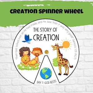 May include: A colorful spinner wheel with a white background and a green border. The wheel is divided into sections, each with a different image and text. The text includes "The Story of Creation", "Then God looked over all He had made, and He saw that it was very good! Genesis 1:31 (NLT)", and "Day 7: God Rests".