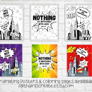Superhero Comic Book Bible Verse Coloring Set of 6, Kids Scripture, Sunday School, Home, or Classroom Activity, Joshua 1:9 image 8