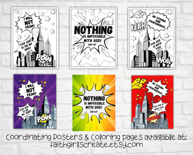 Superhero Comic Book Bible Verse Coloring Set of 6, Kids Scripture, Sunday School, Home, or Classroom Activity, Joshua 1:9 image 8