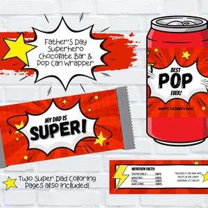 Op de afbeelding: Een printbare vaderdagcadeauset in rode en gele stripboek stijl bevat een chocoladebarverpakking met de tekst "Mijn vader is super!" en een blikje verpakking met de tekst "Beste papa ooit! Fijne vaderdag!"