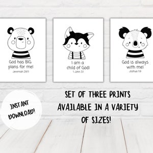 Set of Three Animal Kids Printable Bible Verse Wall Art, Kids Room, Child of God, Nursery, Identity in Christ, Sunday School Decor