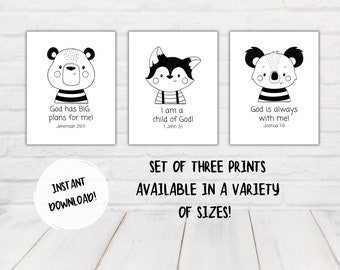 Conjunto de tres animales para niños, arte de pared de verso bíblico imprimible, habitación de niños, hijo de Dios, guardería, identidad en Cristo, decoración de la escuela dominical