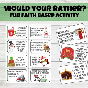 Afdrukbare kerst voor kinderen Zou je liever gamen, op geloof gebaseerde activiteit, familieplezier, zondagsschoolfeestspel, ijsbreker, gespreksaanzet