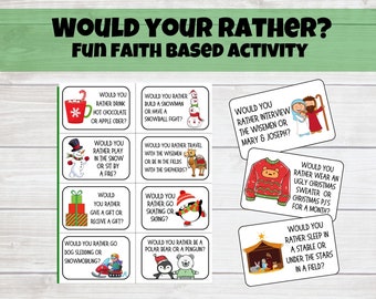 Può includere: Un set di 10 carte colorate con illustrazioni a tema natalizio e domande per un gioco "Preferiresti". Le domande sono basate sulla fede e includono argomenti come le tradizioni natalizie, la storia della Natività e le attività invernali.