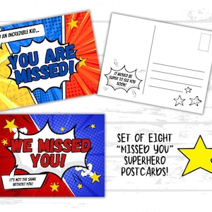 Cartões de super-heróis para impressão "SENTI SUA FALTA", conjunto de 8 cartões postais coloridos, escola dominical, igreja infantil, sala de aula, cartões infantis, opção de versículo bíblico